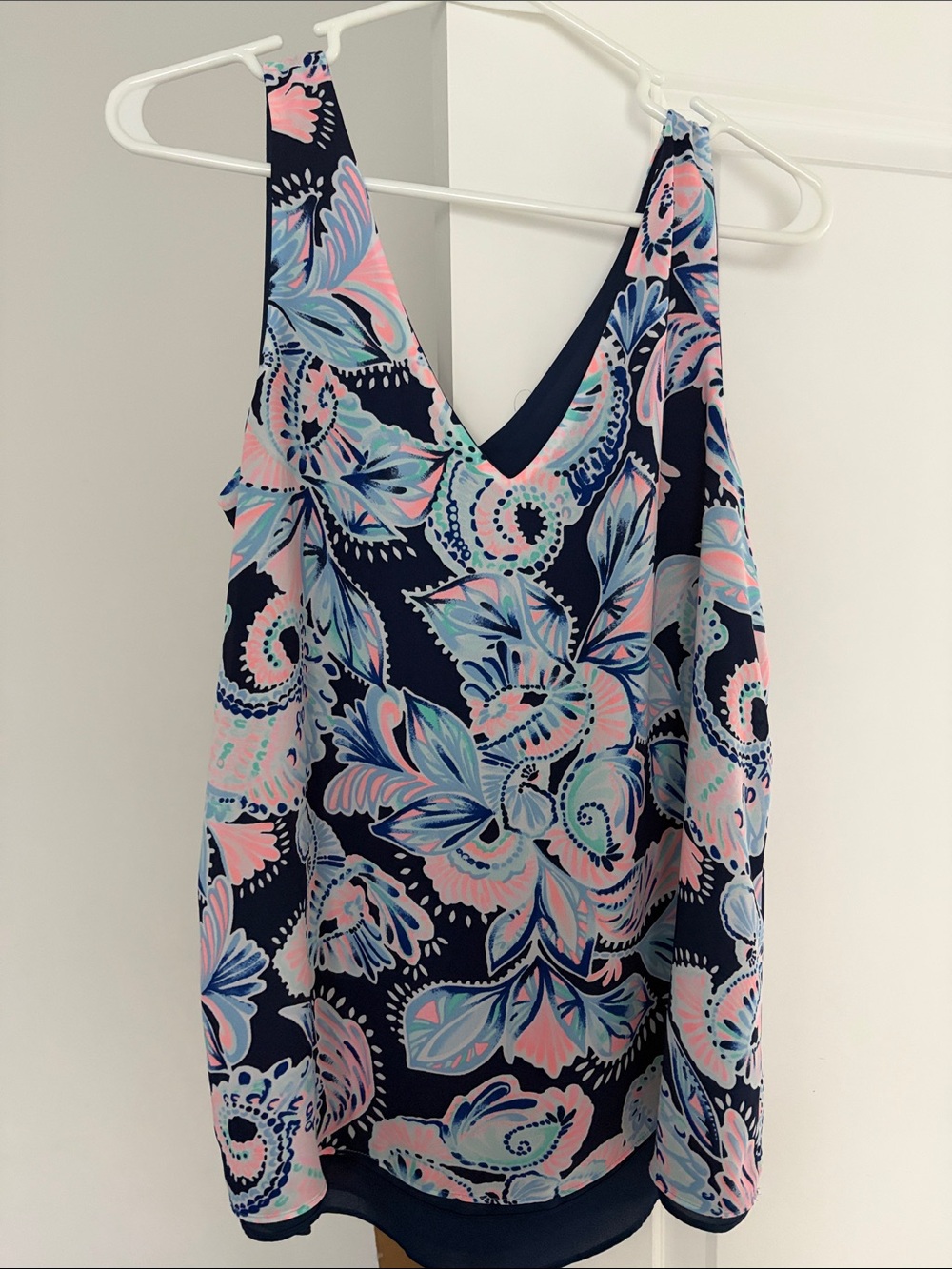 Floral Print V-Neck Sleeveless Top - Navy, Pink & Light Blue